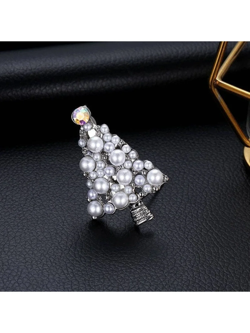 Christmas Tree Brooch White Pearl and Iridescent Crystal Top